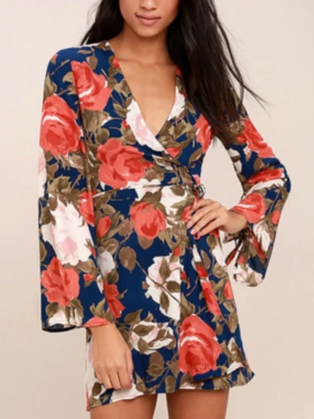 Lulus Wrapped Up in Roses Navy Blue Floral Wrap Mini Dress | Size L | NWOT - Picture 3 of 3